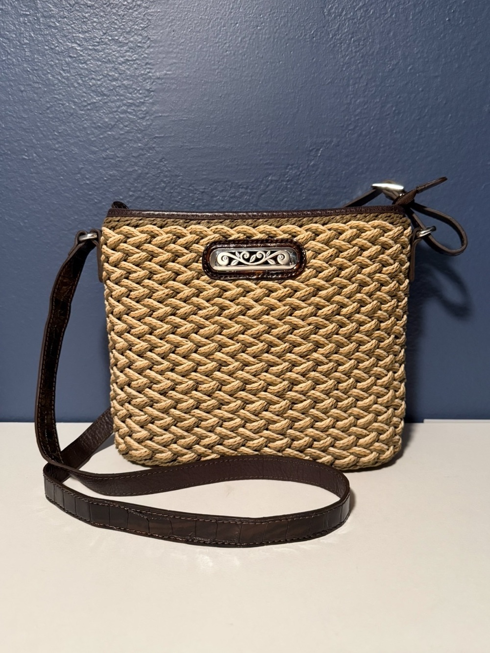 Brighton Woven Jute Crossbody Bag Brown Leather Silver Scroll Accent Vintage